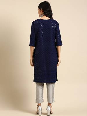 women's calf length round neck navy blue embellished straight kurta 5