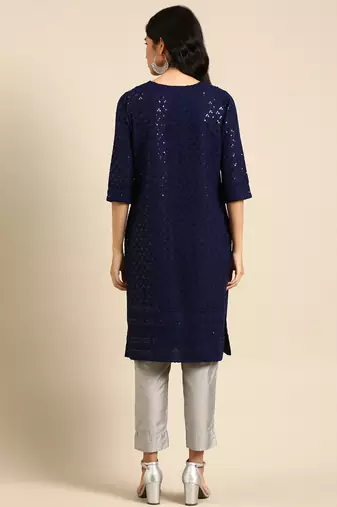 women's calf length round neck navy blue embellished straight kurta