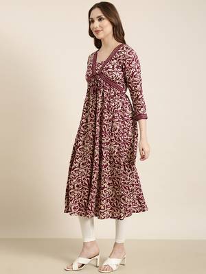 women's calf length v-neck purple floral anarkali kurta 3