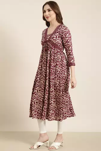 women's calf length v-neck purple floral anarkali kurta