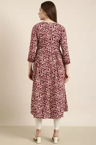 women's calf length v-neck purple floral anarkali kurta
