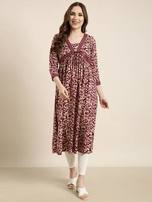 women's calf length v-neck purple floral anarkali kurta 5