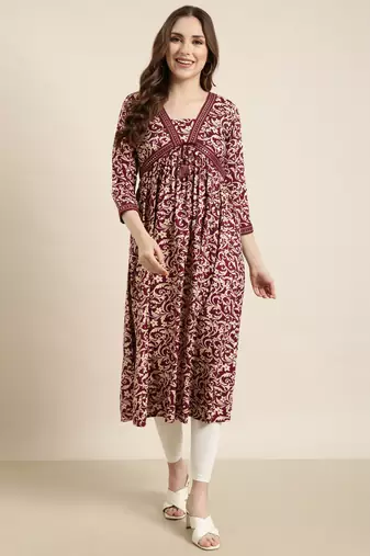 women's calf length v-neck purple floral anarkali kurta