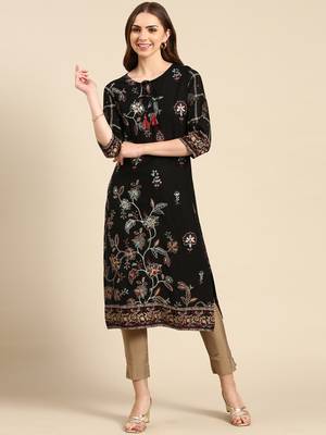 women's calf length keyhole neck black floral straight kurta 1