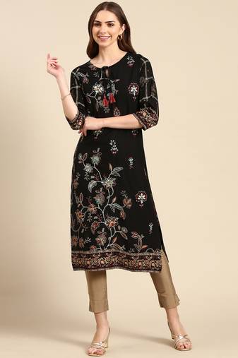 women's calf length keyhole neck black floral straight kurta