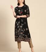 women's calf length keyhole neck black floral straight kurta
