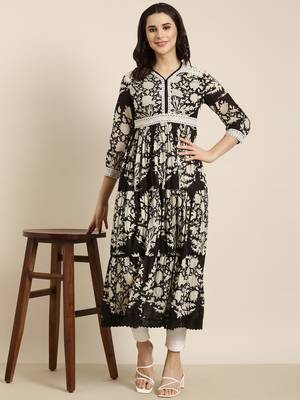 women's calf length v-neck black floral anarkali kurta 1