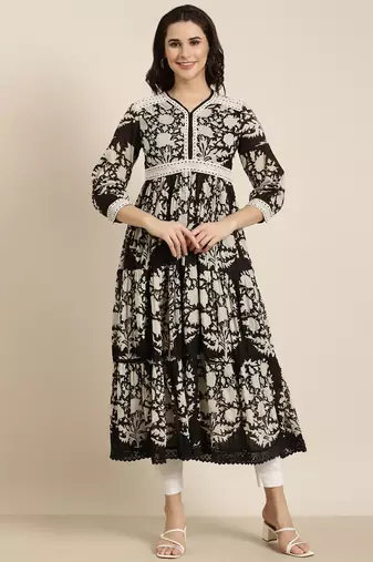 women's calf length v-neck black floral anarkali kurta
