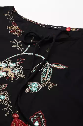 women's calf length keyhole neck black floral straight kurta