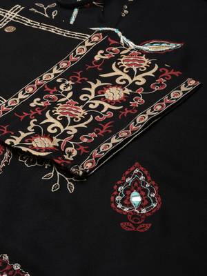 women's calf length keyhole neck black floral straight kurta 4