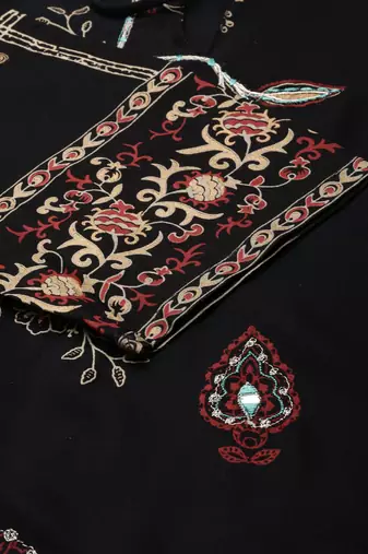 women's calf length keyhole neck black floral straight kurta