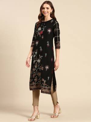women's calf length keyhole neck black floral straight kurta 5