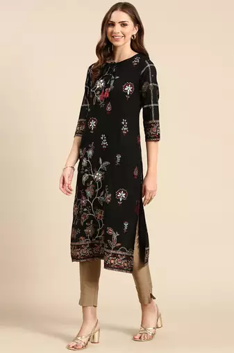 women's calf length keyhole neck black floral straight kurta