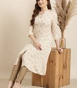women's calf length mandarin collar beige geometric a-line kurta
