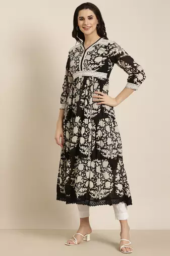 women's calf length v-neck black floral anarkali kurta