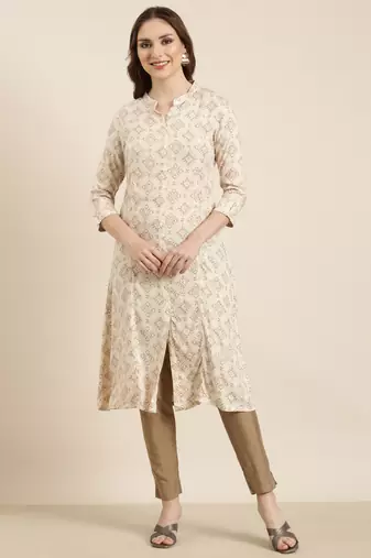 women's calf length mandarin collar beige geometric a-line kurta