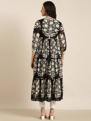 women's calf length v-neck black floral anarkali kurta 4