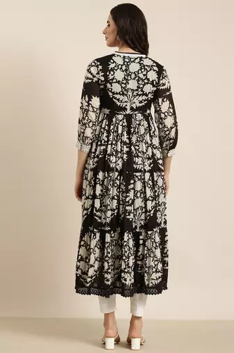 women's calf length v-neck black floral anarkali kurta