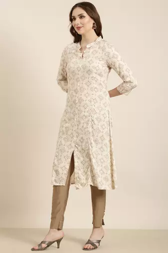 women's calf length mandarin collar beige geometric a-line kurta