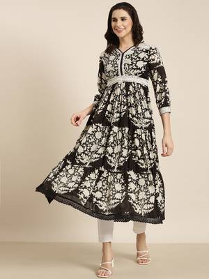 women's calf length v-neck black floral anarkali kurta 5