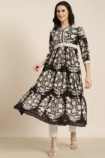 women's calf length v-neck black floral anarkali kurta