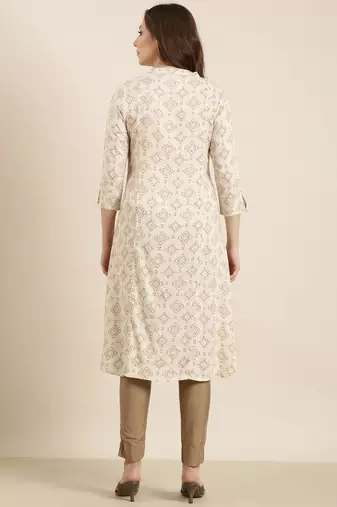 women's calf length mandarin collar beige geometric a-line kurta