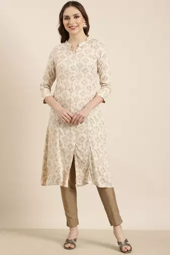 women's calf length mandarin collar beige geometric a-line kurta