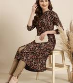 Showoff women's calf length mandarin collar black floral a-line kurta