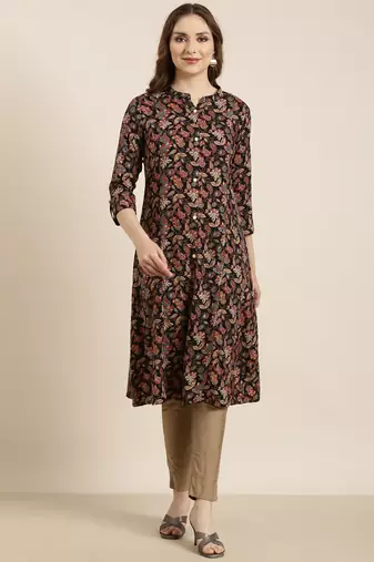 Showoff women's calf length mandarin collar black floral a-line kurta