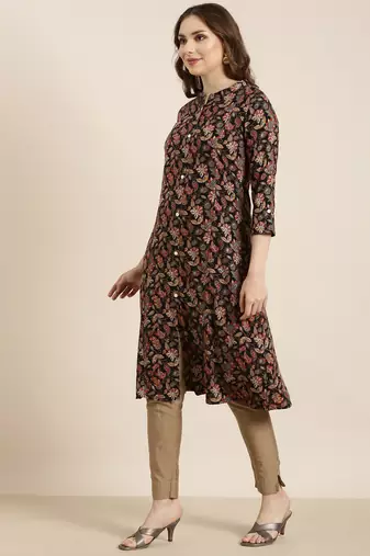 Showoff women's calf length mandarin collar black floral a-line kurta