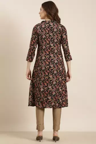 Showoff women's calf length mandarin collar black floral a-line kurta