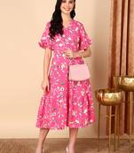 women pink georgette floral printed fit and flare dress