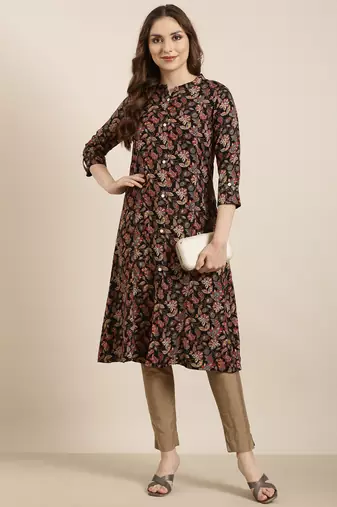 Showoff women's calf length mandarin collar black floral a-line kurta