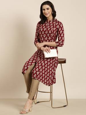 women's calf length mandarin collar maroon ethnic motifs straight kurta 1