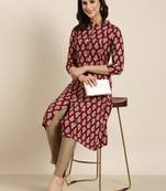 women's calf length mandarin collar maroon ethnic motifs straight kurta