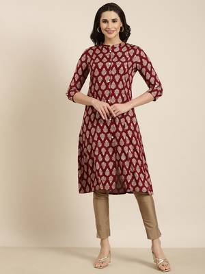 women's calf length mandarin collar maroon ethnic motifs straight kurta 2