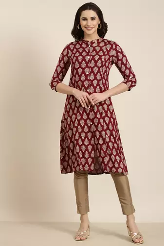 women's calf length mandarin collar maroon ethnic motifs straight kurta