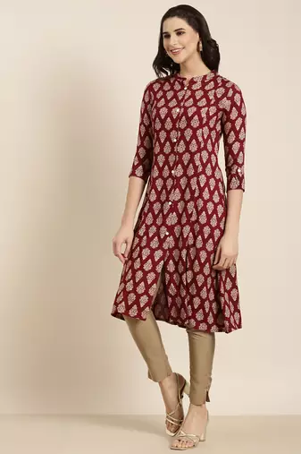women's calf length mandarin collar maroon ethnic motifs straight kurta