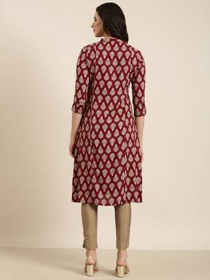 women's calf length mandarin collar maroon ethnic motifs straight kurta 4