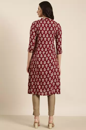 women's calf length mandarin collar maroon ethnic motifs straight kurta