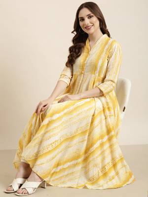 women's calf length v-neck yellow embellished anarkali kurta 1
