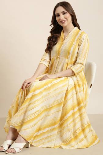 women's calf length v-neck yellow embellished anarkali kurta