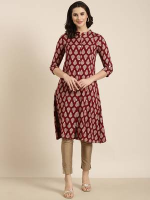 women's calf length mandarin collar maroon ethnic motifs straight kurta 5