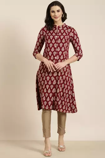 women's calf length mandarin collar maroon ethnic motifs straight kurta