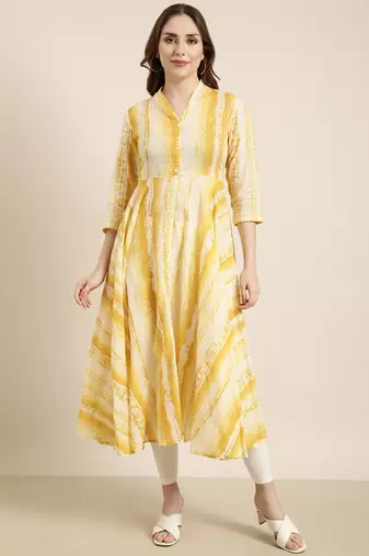 women's calf length v-neck yellow embellished anarkali kurta