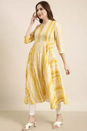women's calf length v-neck yellow embellished anarkali kurta