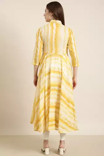 women's calf length v-neck yellow embellished anarkali kurta