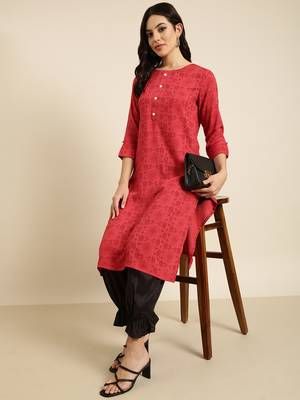 women's calf length round neck red geometric straight kurta 1