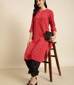 women's calf length round neck red geometric straight kurta