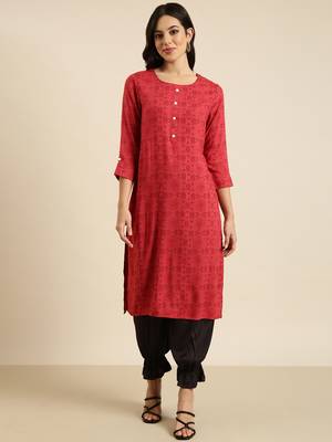 women's calf length round neck red geometric straight kurta 2